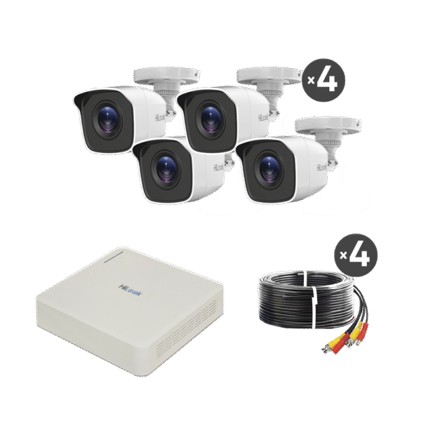 KIT TurboHD 720p / DVR 4 canales / 4 Cámaras Bala de Policarbonato / 4 Cables 18 Mts / 1 Fuente de Poder Profesional